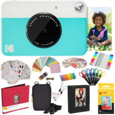 Kodak Printomatic Instant Camera (Blue) All-In-Bundle + Zink Paper (20 Sheets) + Deluxe Case + Photo Album + 7 Unique Sticker Sets + Markers + Scissors + Border Stickers and So Much More
