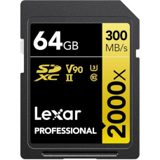 Lexar Professional 2000x SD Card 64GB, SDXC UHS-II Memory Card without Reader, Up to 300MB/s Read, Class 10, U3, V90 Memory Card for DSLR, Cinema Quality Video Cameras (LSD2000064G-BNNAG)