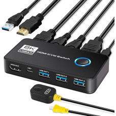 TCNEWCL 8K@60Hz HDMI USB 3.0 KVM jungiklis 2 kompiuteriai 1 monitorius 4K @ 120Hz, KVM jungiklis, palaiko HDR, Dolby Audio, 3D, HDCP2.3, su HDMI 2.1 ir USB 3.0 kabeliu