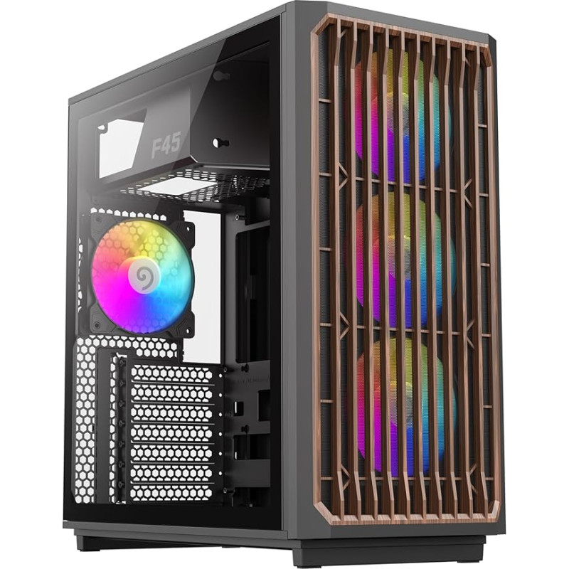 GAMEMAX F45 Mid-Tower juodos spalvos ATX kompiuterio korpusas, medinė priekinė dalis, 4 x ARGB PWM ventiliatoriai su 