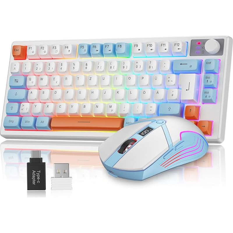 75% Belaidis klaviatūros ir pelės rinkinys, QWERTZ DE išdėstymo, kompaktiška žaidimų klaviatūra su garsumo valdymu, įkraunama RGB pelė su baterijos indikatoriumi, skirta PC, Mac, Xbox, PS5