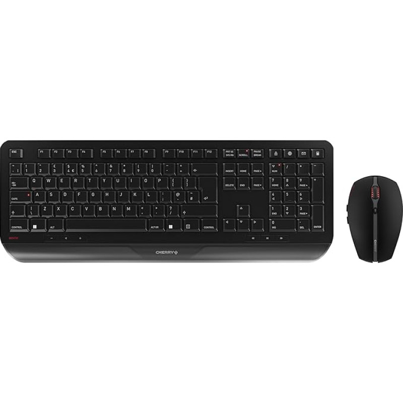 CHERRY GENTIX stalinės belaidės klaviatūros ir pelės rinkinys, JK išdėstymas, QWERTY klaviatūra, patvarus klavišų žymėjimas, ergonomiškas dizainas, maitinamas baterija, juodas