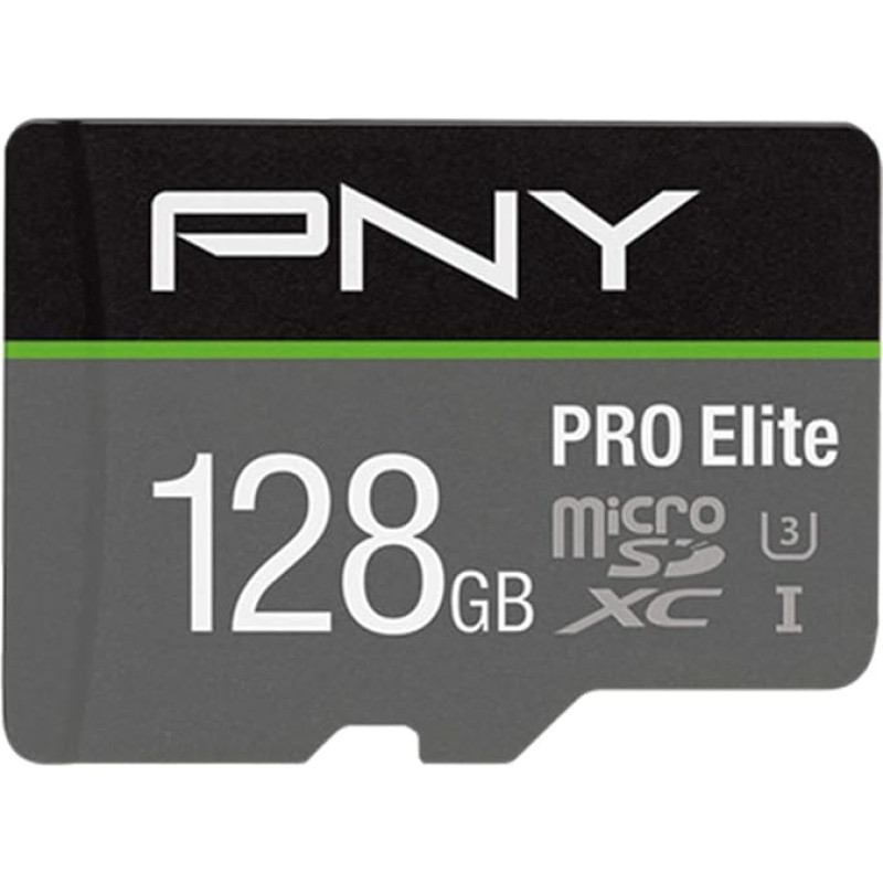 PNY PRO Elite 128GB microSDXC atminties kortelė + SD adapteris, 100MB/s skaitymo greitis, 90MB/s įrašymo greitis, 10 UHS-I klasė, U3, A1 programėlių našumas, V30 4K vaizdo įrašams