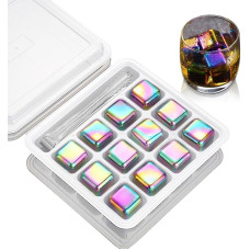 Pakuotė 12 2,5 cm spalvotų nerūdijančio plieno ledo kubelių, daugkartinio naudojimo viskio akmenys, saugūs ir bekvapiai, glotnūs ir lengvai valomi, atsparūs rūdims, tinkantys visų rūšių viskiui, kokteiliams ir gėrimams, idealiai tinka vakarėliams ir baram