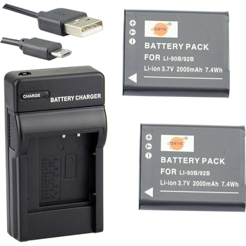 DSTE Li-90B Li-Ion akumuliatorius (2 Stück) ir USB jungtis Olympus Tough TG-1 TG-2 TG-3 SH-1 SH-50 SH-60 SP-100 XZ-2 iHS