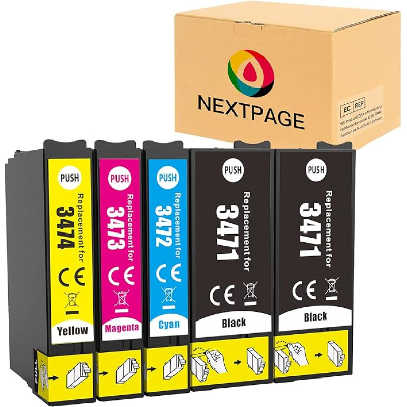 Nextpage 34XL rašalo kasetės Epson 34XL spausdintuvo kasetės, tinkančios Epson Workforce Pro WF-3725DWF WF-3720DWF WF3725DWF WF3720DWF WF3725 WF3720DWF WF3725 WF3720 (2 juodos, 1 žydros, 1 purpurinės, 1 geltonos)