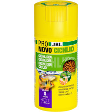 JBL Pronovo Cichlid Grano, pagrindinis maistas mažiems 3-10 cm ilgio ciklidams, paspaudžiamas dozatorius, žuvų maisto granulės, dydis S, 100 ml