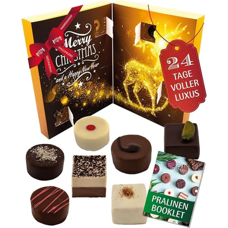 Hallingers Genuss Manufaktur Šokoladiniai saldainiai Advento kalendorius be alkoholio - 24 rankų darbo aukščiausios kokybės šokoladiniai saldainiai iš aukščiausios kokybės kakavos - saldumynai Dovana šeimai, vaikams, suaugusiems - Kalėdų kalendorius 2025 