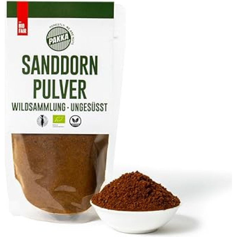 PAKKA - Ekologiški sąžiningos prekybos šaltalankių uogų milteliai, šaltalankių uogos, šaltalankių milteliai, džiovinti saulėje, nevalyti, iš laukinės kolekcijos, su branduoliais, tiesiogiai iš smulkių ūkininkų iš Samarkando