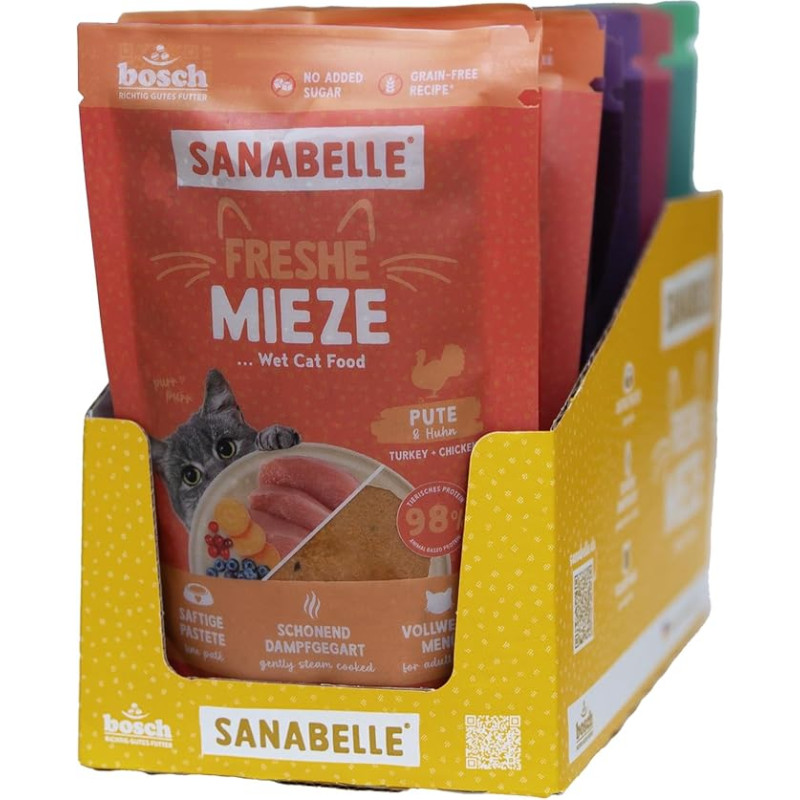 Sanabelle Freshe Mieze - Mixtray | 10 x 100 g mišinio pakuotė | 4 skanių rūšių kačių ėdalas, kurį galima išbandyti | garuose virtas drėgnas ėdalas katėms, mėgstančioms šviežiai paruoštą maistą