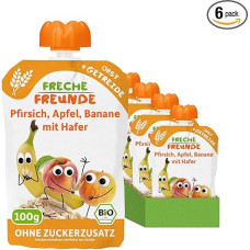 FRECHE FREUNDE Organic Squeeze Peach Apple, Banana with Oats, Fruit Puree with Cereals in Squeeze Bag for Babies from 6 Months, Vegan, Pack of 6 (6 x 100 g)