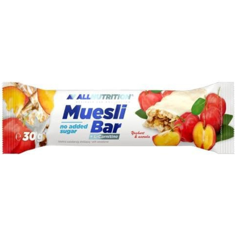 ALLNUTRITION Grūdų batonėlis su L-karnitinu, skaidulų šaltiniu - maistingosios medžiagos vitaminas D, geležis, folio rūgštis, be pridėtinio cukraus - energijos pliūpsnis, sveikas užpildas - 30 g vienkartinės porcijos, jogurtas ir acerola
