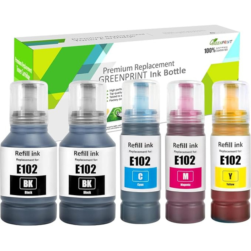 GREENPRINT 5 pakuočių regeneruotas E102 rašalo bakelis 7500 juodų puslapių 6000 puslapių CMY, skirtas ET-2700 ET-2750 ET-2750 ET-3700 ET-3750 ET-4750 ET-2751 ET-2756 ET-2850 ET-2851 ET-2851 ET-2756 856 ET-3850 ET-4850 ET-4856