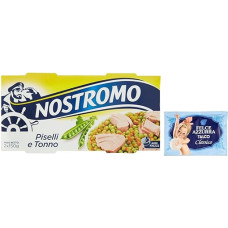 Pack of 10 Nostromo Tonno e Piselli Ready Meal with Tuna and Peas, 2 x 150 g + 1 Pack Free Felce Azzurra Talcum Powder, 100 g Bag