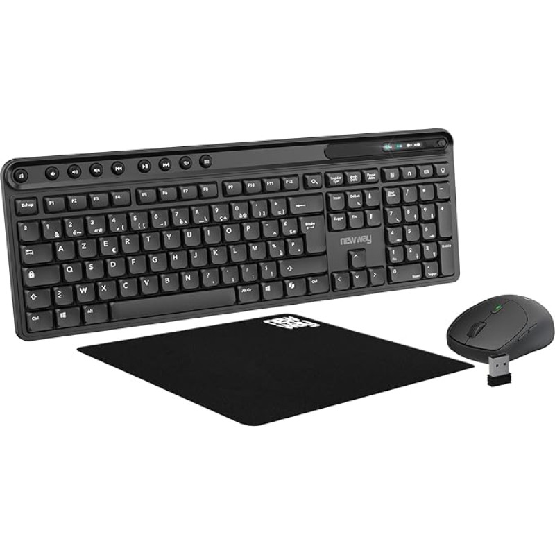 NEWWAY NKMP252 Belaidė pelės klaviatūra 2,4 GHz prancūziška AZERTY klaviatūra - tylus rašymas, 14 daugialypės terpės klavišų, lengva pelė su 6 mygtukais, pelės kilimėlis, ilgas baterijos veikimo laikas