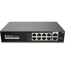 Atlantis komutatorius 10 prievadų 10/100Mbps, 8 Poe prievadai iki 120 W, kiekvienas prievadas iki 30 W, stalinis ir stovo, vidinis alimetras, metalinis korpusas, A02-F10P8-120W, VLAN ir išplėstinė funkcija, iki 250 m, režimas