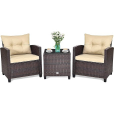 GIANTEX Rattan Garden Furniture Set, Balcony Furniture Small Balcony, Lounge Garden Furniture Set, Balcony Furniture for 2 People, Garden Lounge Set 2 Armchairs & Table, 3-Piece Garden Furniture Set Including Seat and Back Cushions