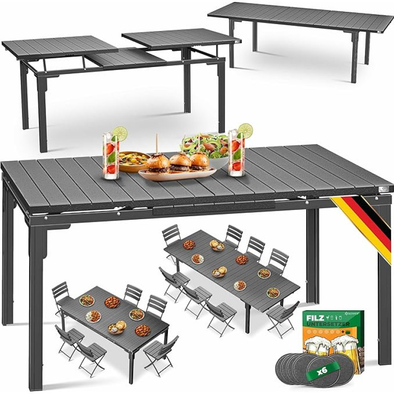 KESSER® Extendable Garden Table 180/240 x 90 cm Extendable up to 8 People Extendable Table with Powder-Coated Steel Frame and HDPE Table Top Weatherproof and UV-Resistant Includes 6 Felt Coasters