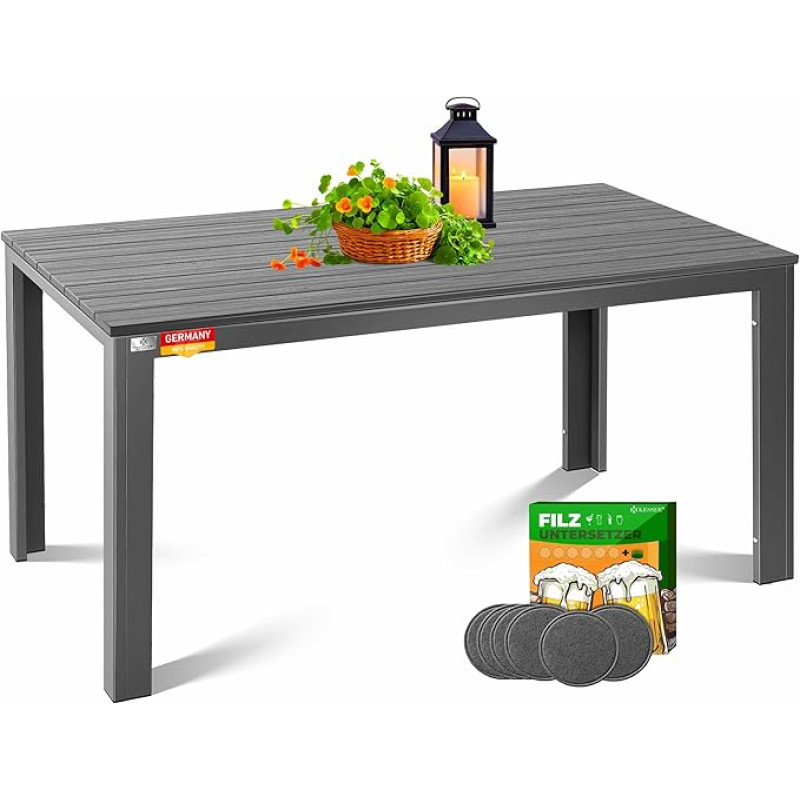 KESSER® sodo stalas 156 x 78 cm, skirtas iki 6 žmonių Valgomasis stalas Oro sąlygoms ir UV spinduliams atsparus lauko stalas su milteliniu būdu dengtu plieniniu rėmu ir medžio išvaizdos plastikiniu stalviršiu Į komplektą įeina 6 veltinio padėkliukai