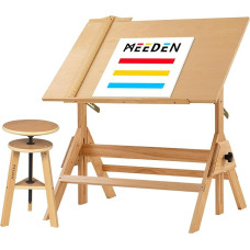 MEEDEN medinis piešimo stalas, 96 x 60 cm, meninis stalas, rašomasis stalas, reguliuojamo aukščio piešimo stalas, medinė menininko taburetė, amatų stalas tapybai, rašymui, skaitymui, grafiniam dizainui
