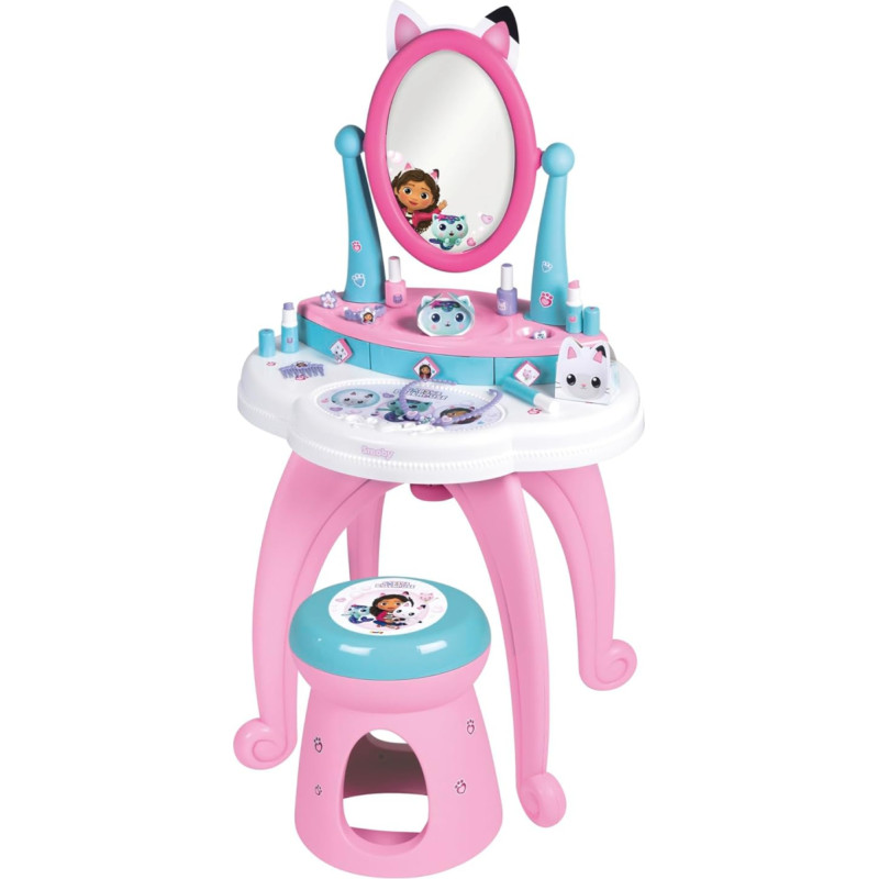 Smoby - Gabby's Dollhouse kirpykla (49 x 36 x 94 cm) - persirengimo stalas vaikams nuo 3 metų su veidrodžiu, taburete ir priedais, įskaitant žaislinį makiažą, įvairiaspalvis