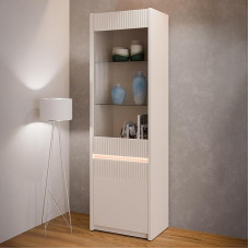 Forte Oak SQUERE Showcase 60, Elegant Living Room Display Cabinet with 2 Doors, Glass Front and Lighting, Wood Composite, Mauvella Oak Wood Decor/Sand, 60.6 cm Wide x 197.9 cm High x 41.5 cm Deep