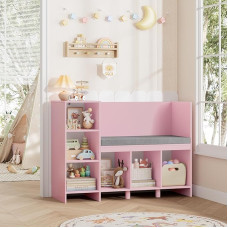 HOCSOK Vaikų lentyna, 110 cm žaislų lentyna vaikų kambariui su pagalvėlėmis ir 6 laikymo skyriais, vaikiška sėdynė, žaislų laikymo vieta vaikams, 80,5 x 40 x 110 cm