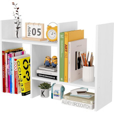 EasyPAG Small Desk Shelf Wood Freestanding Bookcase Adjustable Desk Organiser Stand Office Supplies Shelf Display Shelf, White