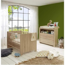 trendteam smart living - Olivia - Baby Room Furniture Set (Baby Cot [143 x 83 x 78 cm] + Changing Table [96 x 104 x 69 cm]) - Rough Sawn Oak - Silver-Coloured Button Handles - Scratch-Resistant