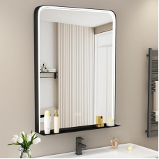 STARLEAD Bathroom Mirror with Lighting and Shelf, 80 x 60 cm, LED Bathroom Mirror with Anti-Fogging, Dimmable, 3 Light Colours, Memory Function, IP44, Tempered Glass Bathroom Mirror, Black Metal Frame