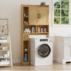 Skalbimo mašinų spintelė su 2 durimis, reguliuojamomis lentynomis, skalbimo mašinų stoveliu, šoniniu skyriumi popieriniams rankšluosčiams ir 6 atvirais skyriais, skirta vonios, tualeto ir skalbyklos kambariams, ąžuolo spalvos