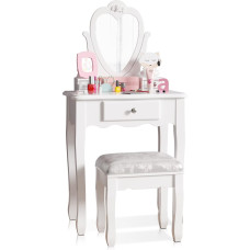 Vaikų tualetinis staliukas su veidrodžiu ir taburete, baltas vaikų tualetinio staliuko komplektas su atlenkiamu veidrodžiu ir 3 stalčiais, 3-9 metų mergaičių makiažo stalelis