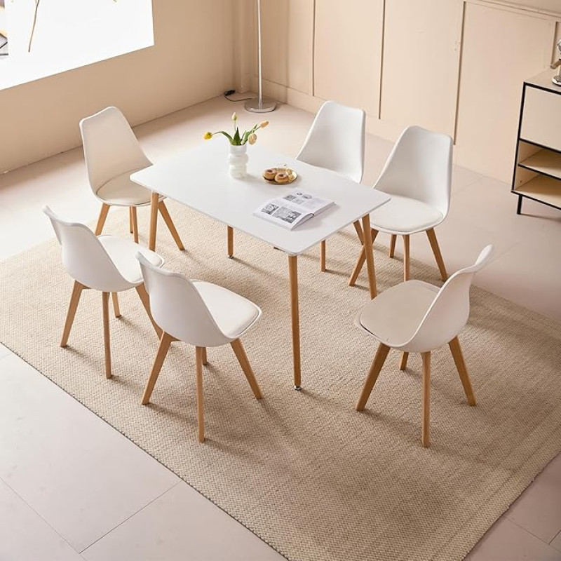 Valgomojo komplektas, valgomojo stalas su 6 kėdėmis, 110 x 70 x 75 cm, stačiakampis medinis valgomojo stalas, 4 skandinaviškos valgomojo kėdės, metalinės kojos, baltos spalvos