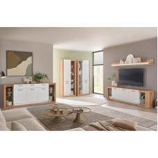 Svetainės kambario komplektas su ąžuolo ir baltos spalvos lentynėle, žema lentyna, sienine lentyna ir 2 aukštomis spintelėmis, modernus, 5 dalių