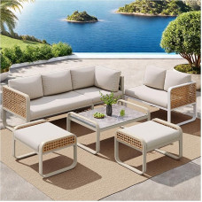 Lauko rotango sofos komplektas 6 7 asmenims, sodo baldai su reguliuojamomis kojelėmis, smėlio spalvos sekcijos sofa ir stalas, cinkuotos geležies rėmas, puikiai tinka terasai ir kiemui