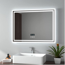 EMKE 800 x 600 mm LED Illuminated Bathroom Mirror with Shaving Socket Bluetooth, Wall Mounted Bathroom Mirror with Touch Sensor, Anti-Fog Adjustable Brightness for Make-Up Cosmetics