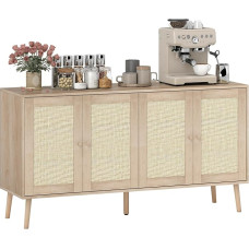 HOMCOM Svetainės spintelė su spintelėmis su vamzdinėmis tinklinėmis durelėmis ir reguliuojama lentyna, skirta svetainei, valgomajam, matmenys 140 x 40 x 75 cm, šviesaus natūralaus medžio efektas