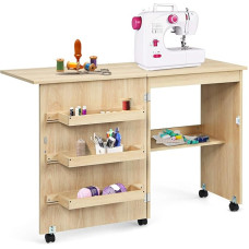 GOPLUS Foldable Sewing Machine Table on Wheels, Sewing Cabinet Computer Desk Work Table (Natural)