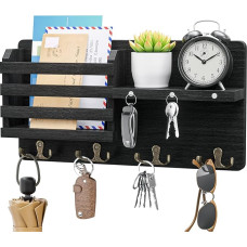 SWTYMIKI Medinis raktų laikiklis su magnetiniu pakabinamu raktų laikikliu su 4 dvigubais raktų kabliukais, dekoratyvinė raktų spintelė su medine lentyna, skirta įėjimui, purvinam kambariui, prieškambariui, miegamajam, svetainei, juoda