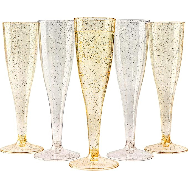 MATANA 120 Premium Plastic Champagne Glasses with Silver and Gold Glitter, 133 ml - Plastic Champagne Glasses, Reusable Champagne Flutes, Plastic, Champagne Glasses, Prosecco Glasses for Weddings and