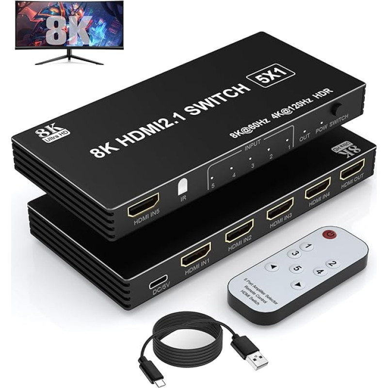 8K HDMI 2.1 jungiklis 4K 120Hz, HDMI jungiklis 5 in 1 Out su IR nuotolinio valdymo pulteliu, 5 prievadų HDMI 2.1 skirstytuvas 8K 60Hz, skirtas Xbox PS5 PC TV