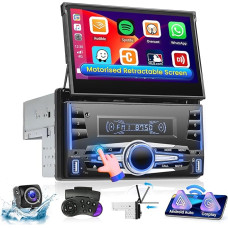 Ohradio 2-DIN Car Radio with Motorised, Retractable 7 Inch Screen, Bluetooth Radio with Wireless Carplay and Wireless Android Car Mirro Link USB FM Radio Reversing Camera + Mic