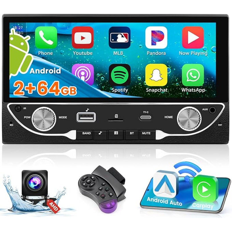 [2G + 64G] Hikity Android 13 Car Radio 2 DIN with Sat Nav, 6.86 Inch Car Radio with Wireless Carplay and Android Car, with WiFi Mirror Link Bluetooth USB Type-C FM Reversing Camera Mic