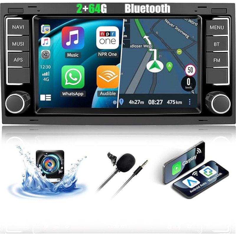 CAMECHO 2+64G 7 Inch Car Radio for VW Touareg Transporter TS Multivan Android 13 Bluetooth Radio with Reversing Camera Wireless Carplay Android Car Navigation GPS WiFi FM/RDS Mirror Link HD Screen +