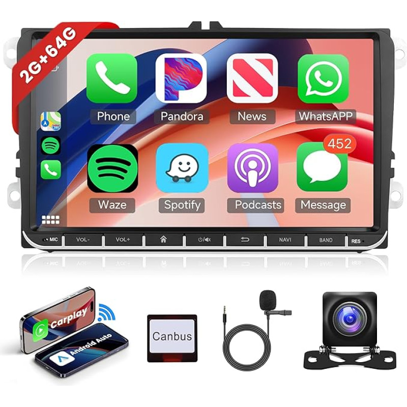 2G + 64G Wireless Carplay Android 13 Car Radio for VW Golf 5 6 Passat Polo Tiguan Touran Caddy Skoda Seat 9 Inch Car Radio with Android Car GPS Navigation WiFi Mirror Link Bluetooth FM/RDS/DAB