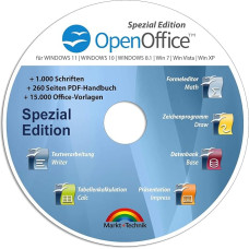 Open Office Spezial-Edition für Windows 11-10-8-7-Vista-XP | PC-Software mit 15.000 Vorlagen, 1.000 Schriften und PDF Handbuch | Dokumente, Kalkulationstabellen und Präsentationen erstellen