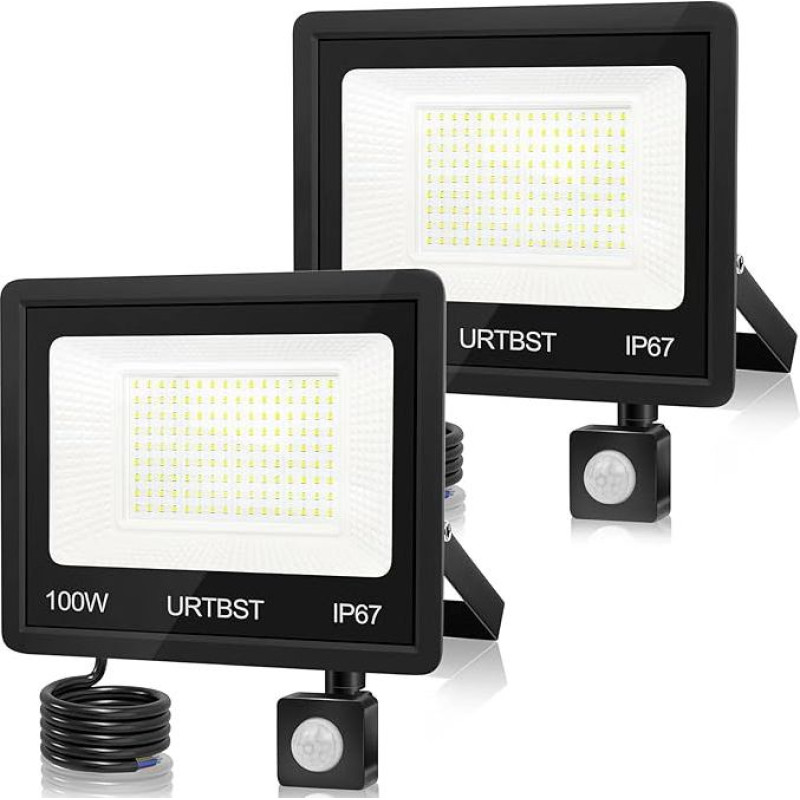 LED prožektorius su judesio jutikliu lauke, 100 W 10000 LM LED prožektorius Lauko LED prožektorius IP67 atsparus vandeniui, LED prožektorius 7000 K Cool White Super ryškus lauko prožektorius sodui,