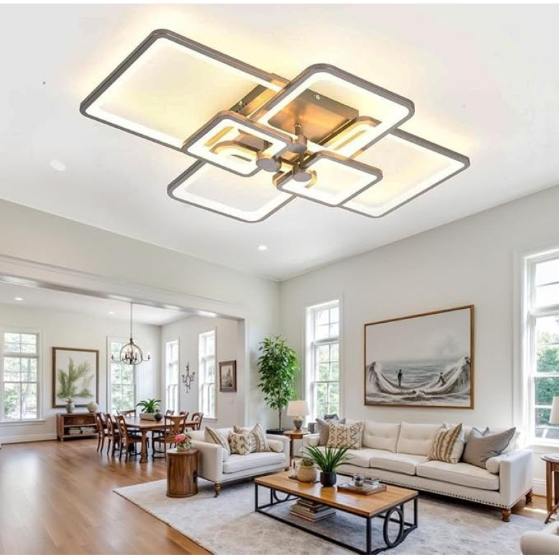 Šiuolaikinis lubų apšvietimas LED juodas svetainės kambario šviestuvas 78 W 6 stačiakampis geometrinis svetainės kambario lubų šviestuvas, daugiafunkcinis lubų apšvietimas miegamajam, biurui, balkonui