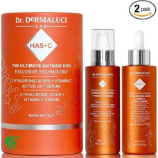 Ekologiškas dovanų rinkinys vyrams ir moterims, drėkinančios pagalvėlės ir spindesio suteikiančios priemonės, 5 hialurono rūgštys, heksapeptidas ir vitaminas C, serumas ir veido kremas (2 x 100 ml), sausai/brandžiai/jautriai odai, AIAB, pagaminta Italijoj