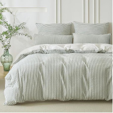 SOULFUL Lovos skalbiniai 135 x 200 cm medvilnės 4 dalių žakardiniai dryžuoti skalbti medvilniniai patalynės komplektai Boho kvėpuojantys Oeko-Tex 100 sertifikuoti šalavijų žalia